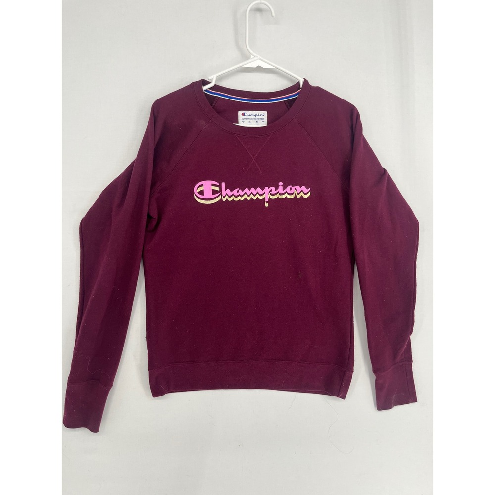 Champion Womens Crewneck Sweatshirt Raglan Script Logo Fleece Maroon Burgundy S